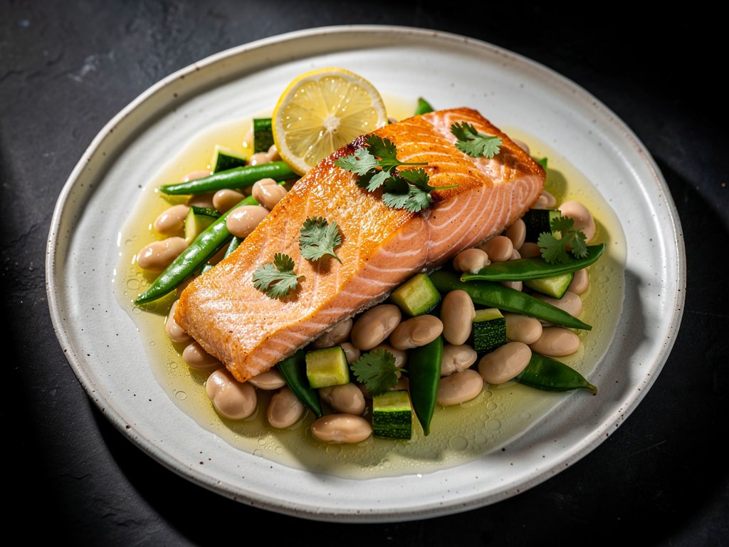 Mustard-Butter Bean Salmon with Crisp Snap Peas