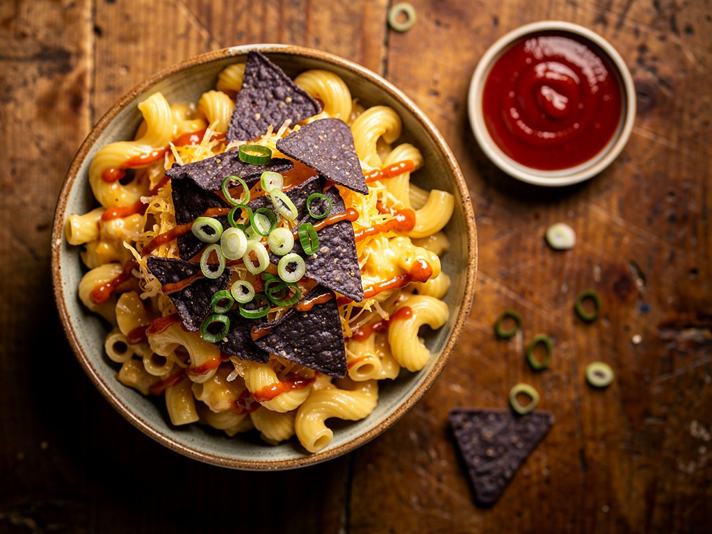 Nacho Mac and Cheese with Tortilla Chip Crunch and Smoky Crema