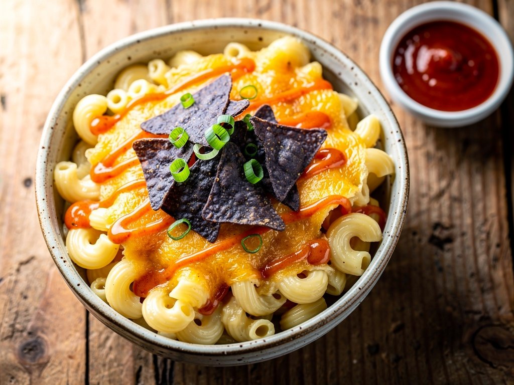 Nacho Mac and Cheese with Tortilla Chip Crust and Smoky Red Pepper Crema