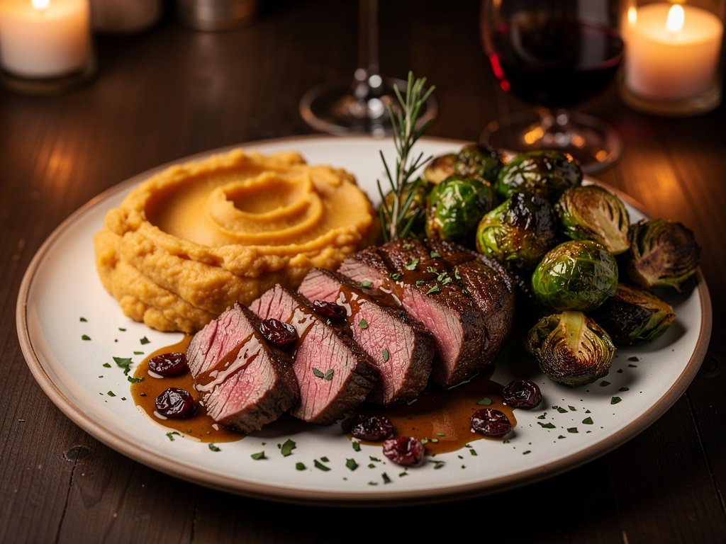 New York Strip Steak with Blood Orange Sauce, Mashed Sweet Potatoes, and Roasted Brussels Sprouts