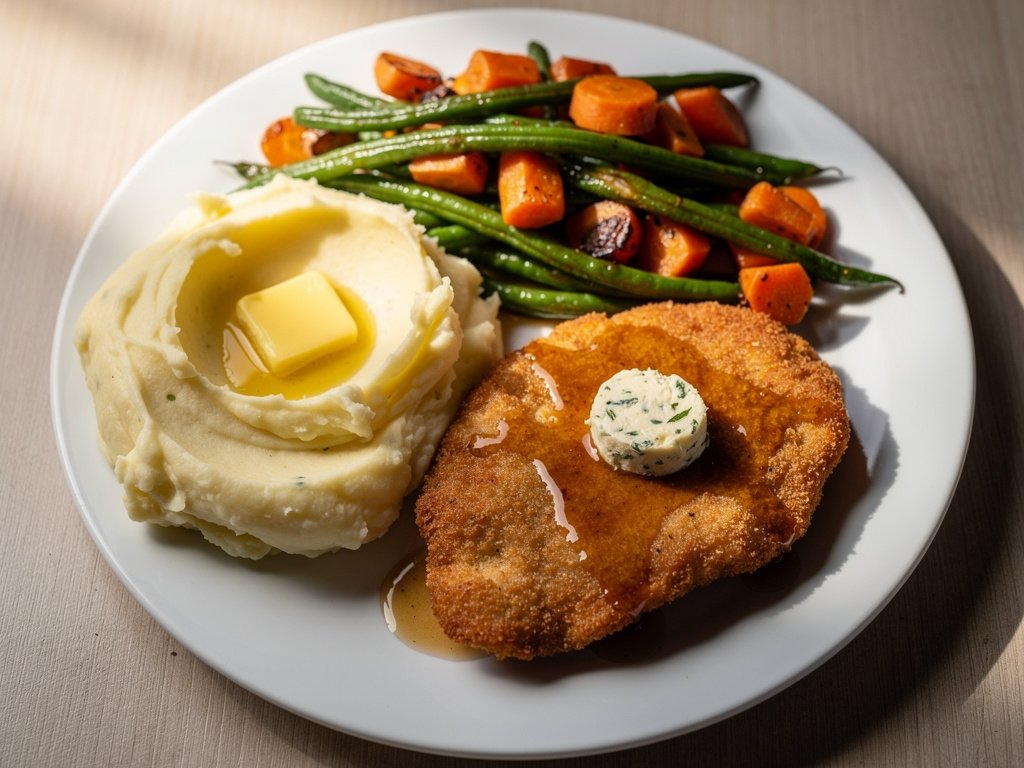 Old Bay Butter Chicken with Garlic Mashed Potatoes and Roasted Vegetables