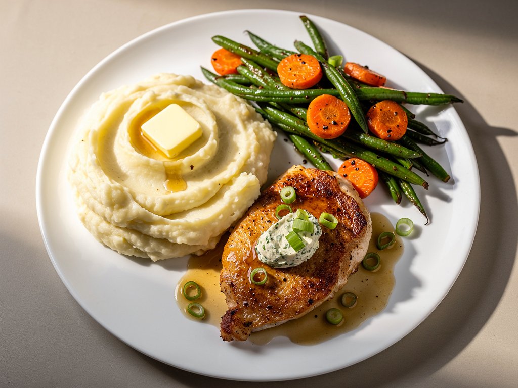 Old Bay Butter Chicken with Garlic Mashed Potatoes and Roasted Veggies
