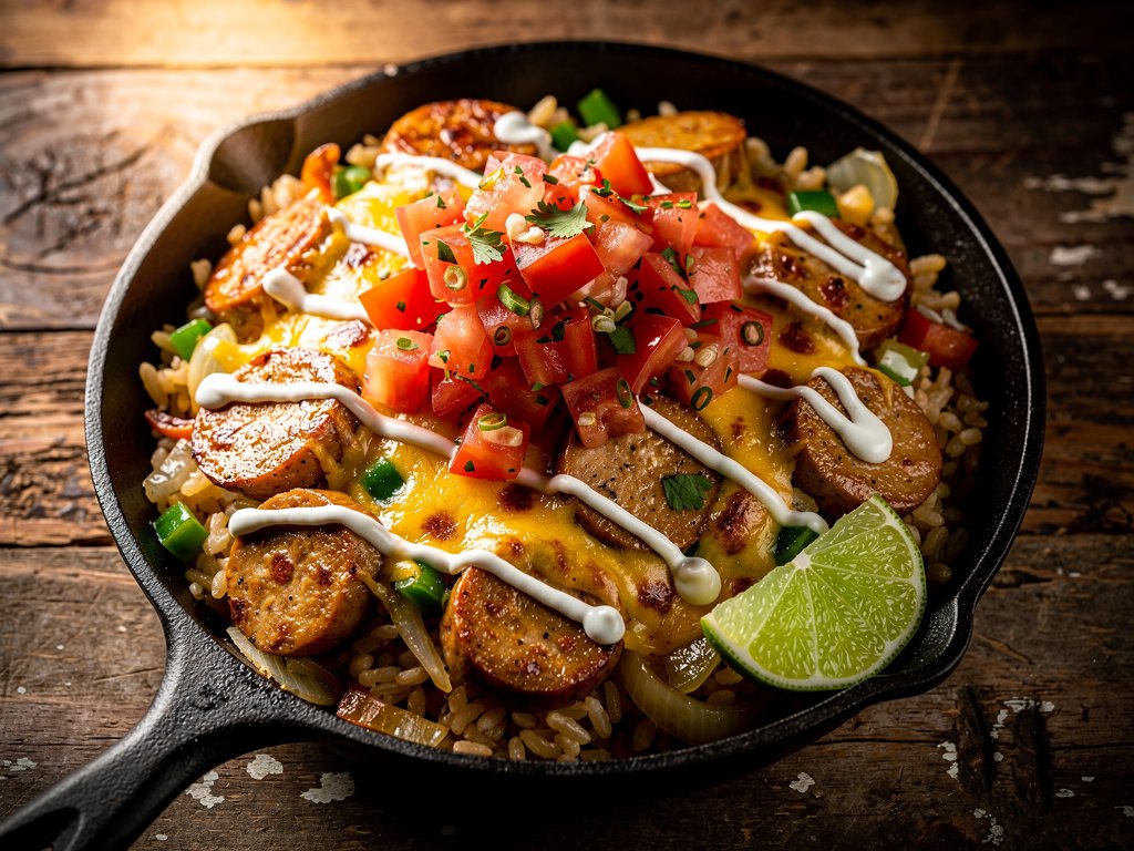 One-Pan Cheesy Chicken Sausage and Rice with Salsa Fresca and Lime Crema