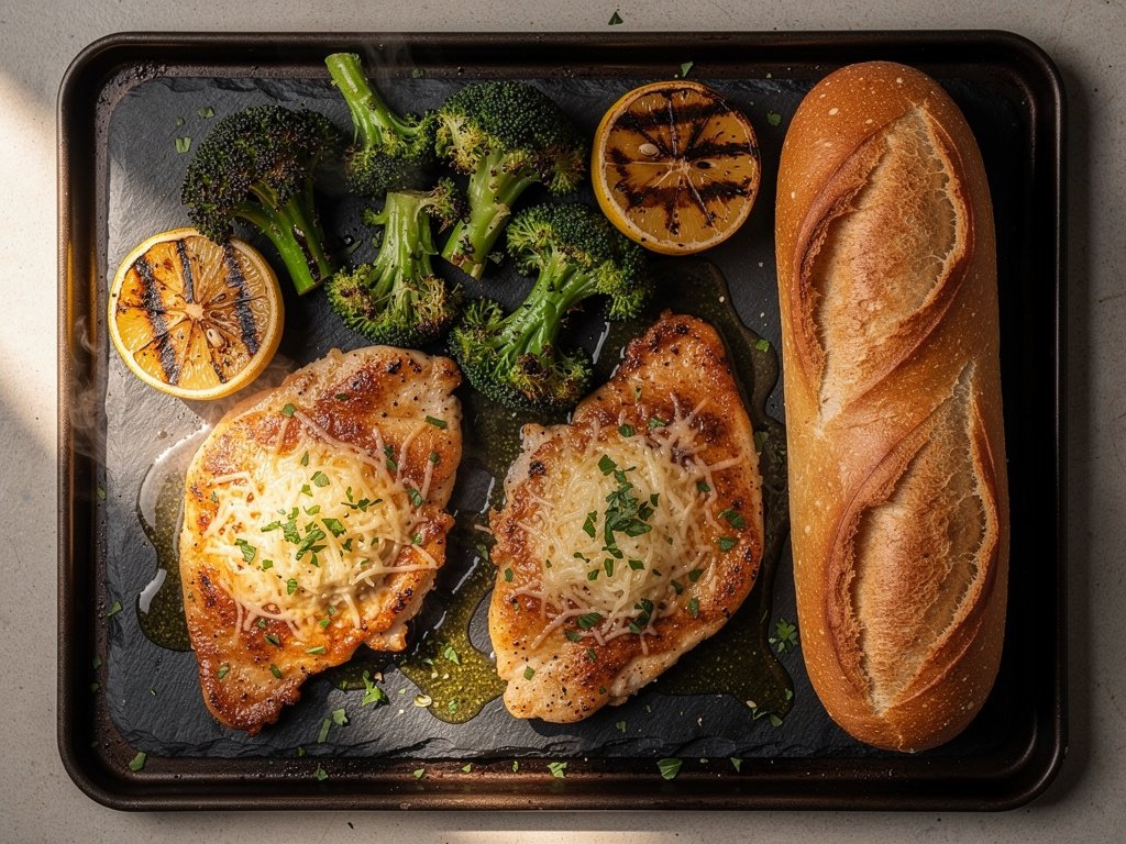 One-Pan Cheesy Italian Chicken with Roasted Broccoli and Garlic Bread