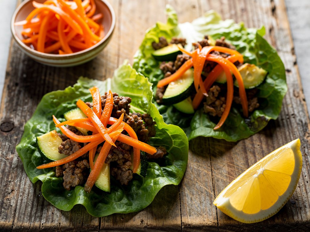 One-Pan Ginger Beef Lettuce Wraps with Gochujang and Pickled Carrots