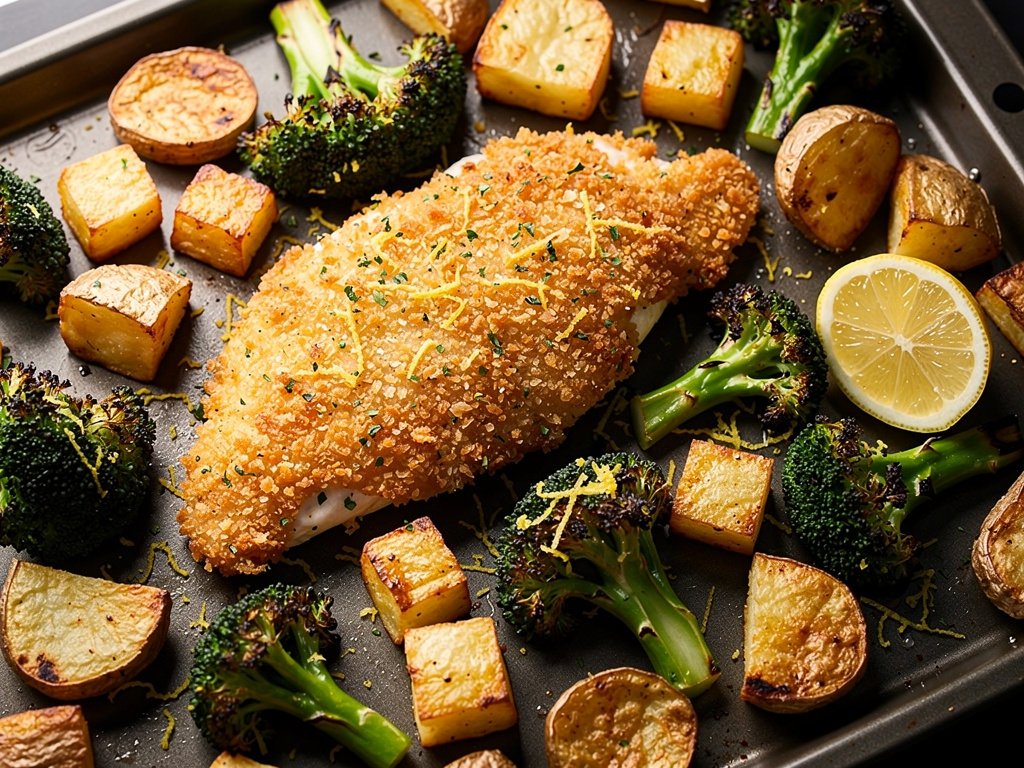 One-Pan Italian Chicken Bake with Crispy Potatoes and Lemon Broccoli