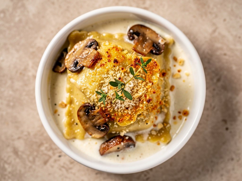 One-Pan Mushroom Ravioli Gratin with Crispy Parmesan Crust