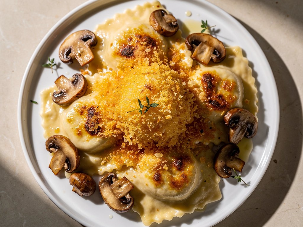 One-Pan Mushroom Ravioli Gratin with Crispy Parmesan Crust