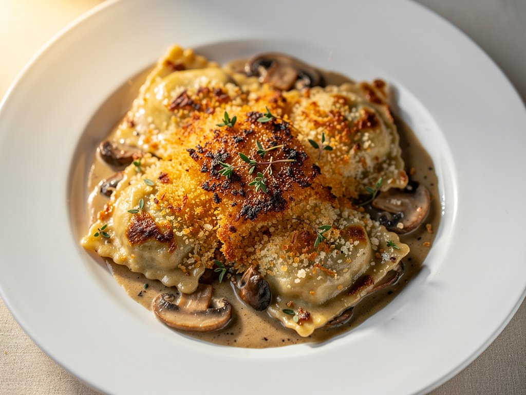 One-Pan Mushroom Ravioli Gratin with Crispy Parmesan Crust