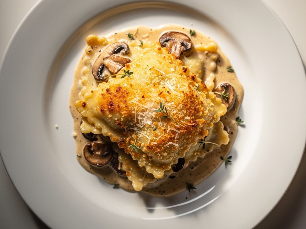 One-Pan Mushroom Ravioli Gratin with Crispy Parmesan Crust