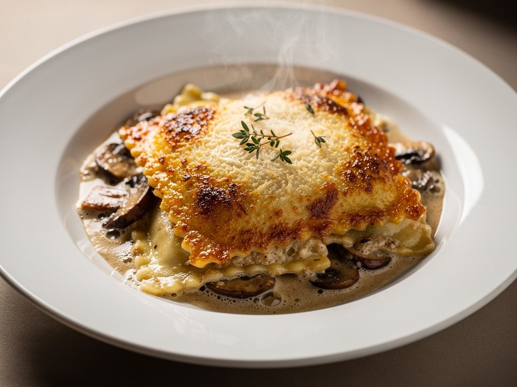 One-Pan Mushroom Ravioli Gratin with Crispy Parmesan Crust