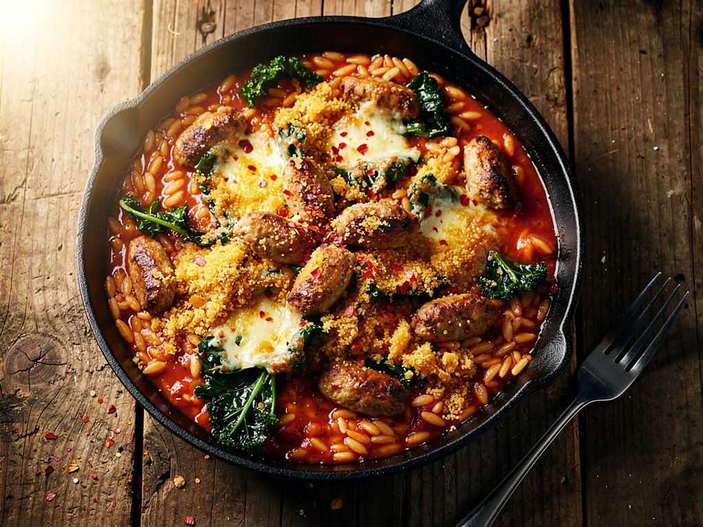 One-Pan Orzo with Chicken Sausage and Crispy Breadcrumbs