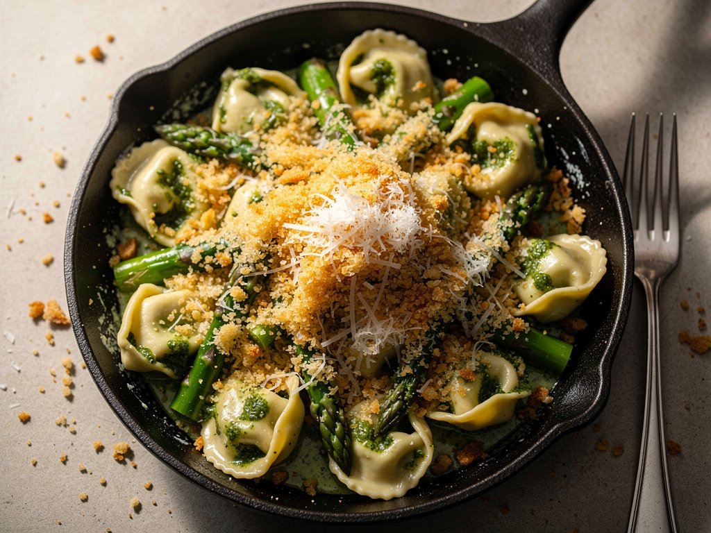 One-Pan Pesto Tortelloni with Asparagus and Parmesan Crumb Topping