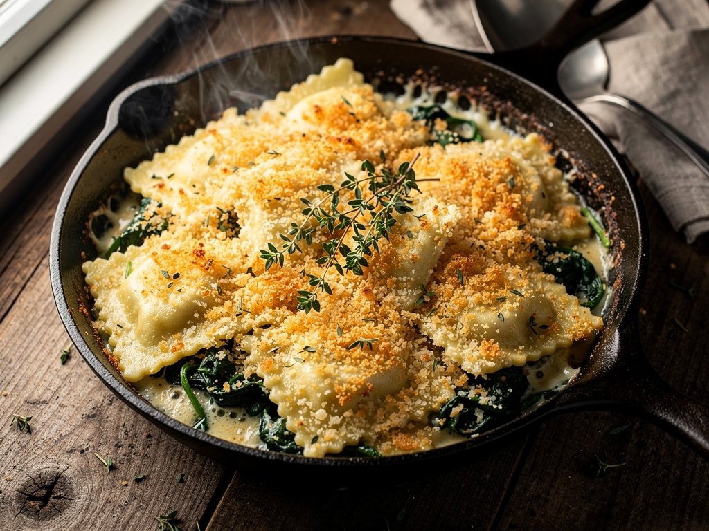 One-Pan Ravioli Gratin with Spinach, Thyme, and Parmesan Breadcrumbs