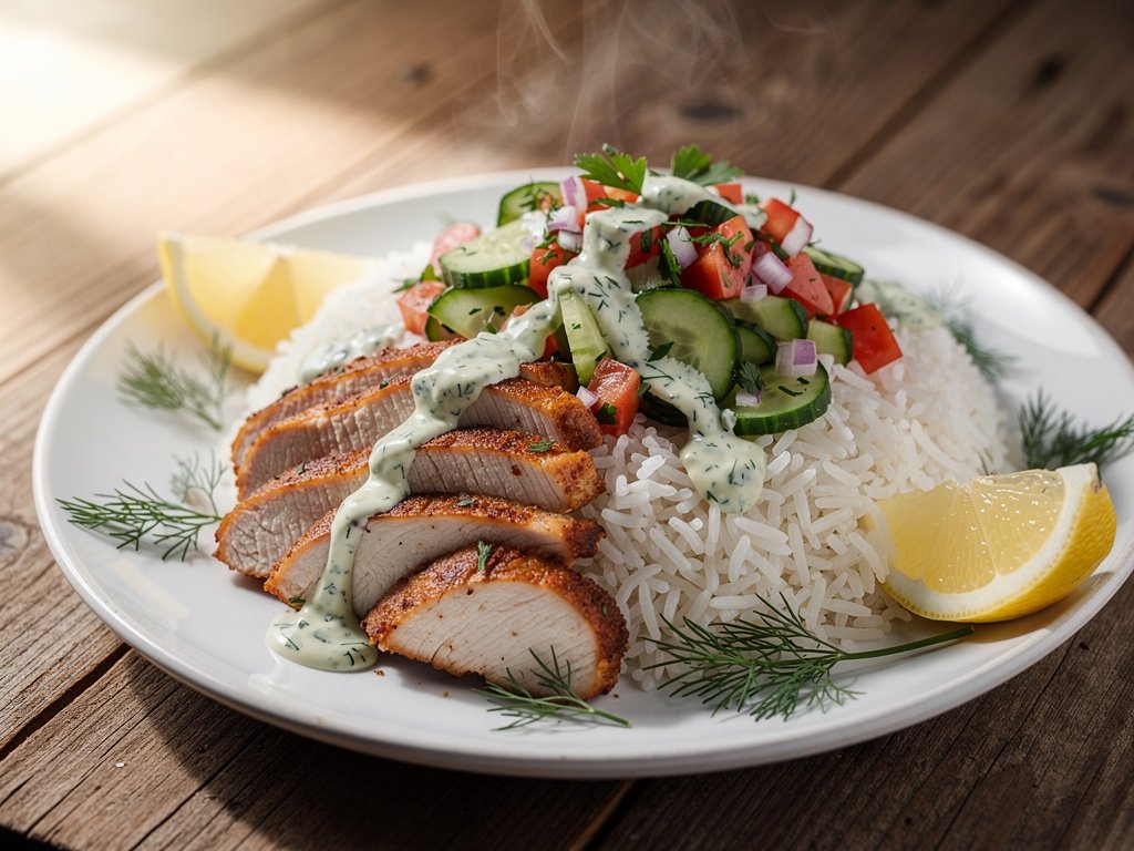 One-Pan Shawarma Chicken with Persian Salad and Creamy Dill Sauce