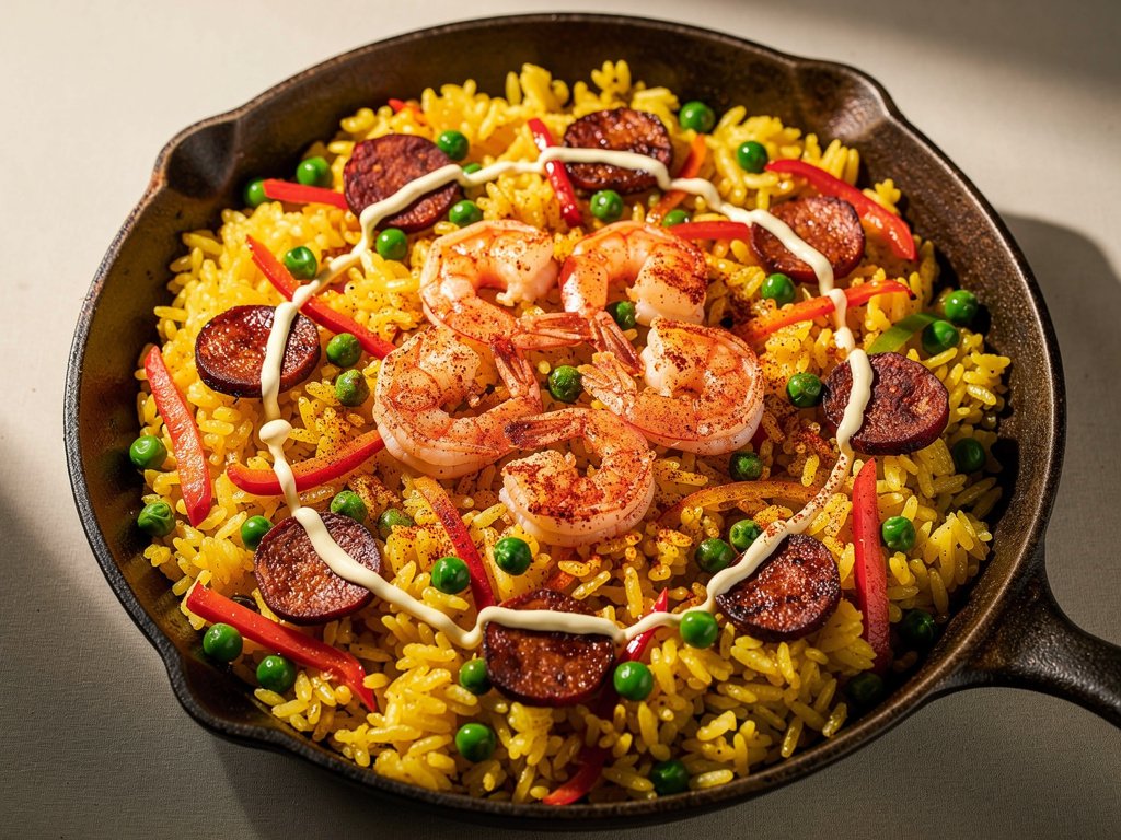 One-Pan Spanish Shrimp and Chorizo Rice with Smoky Paprika and Garlic Aioli