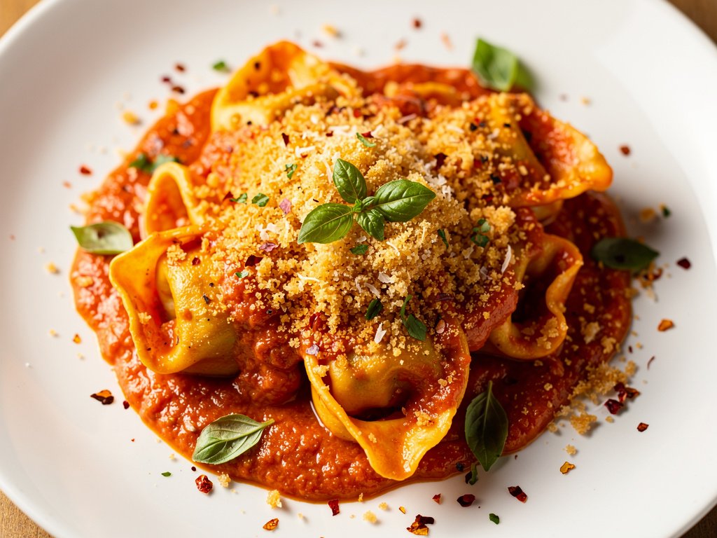 One-Pan Tomato Tortelloni Bake with Crispy Parmesan Breadcrumbs