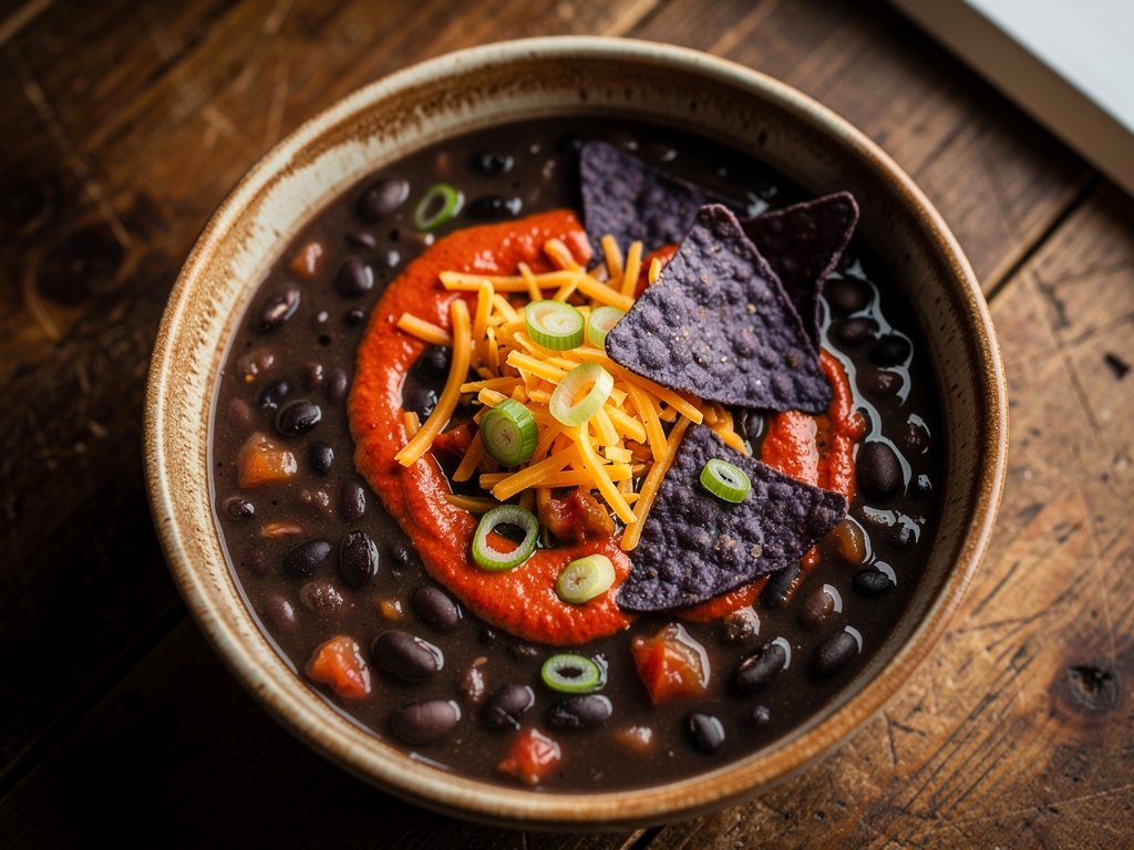 One-Pot Black Bean Soup with Smoky Red Pepper Crema and Crunchy Tortilla Toppers