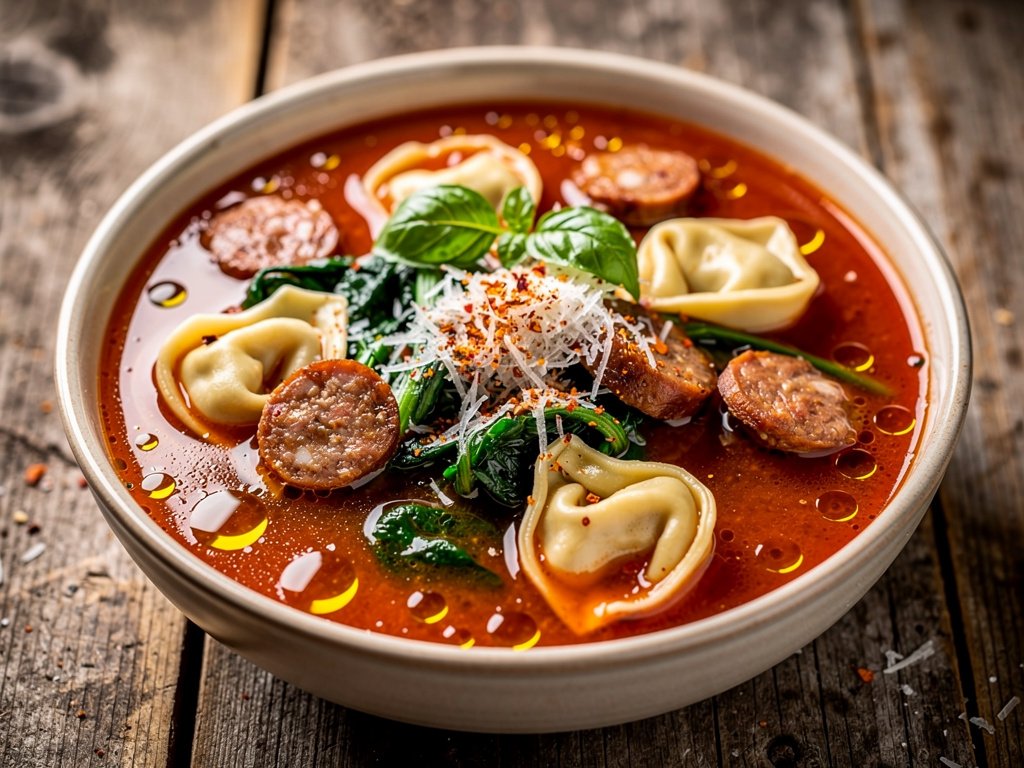 One-Pot Italian Sausage and Tortellini Soup with Spinach