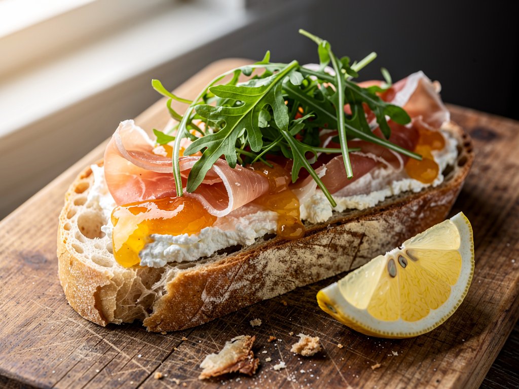 Open-Faced Prosciutto and Jam Sandwiches with Ricotta and Arugula