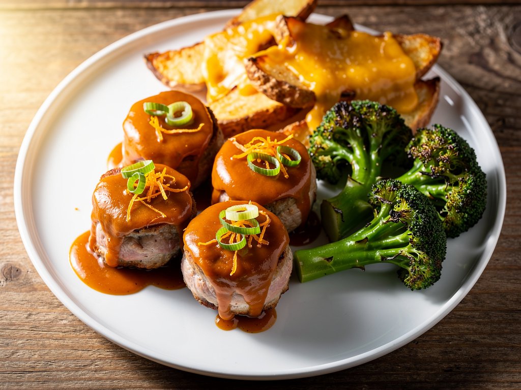 Orange BBQ Pork Loaves with Cheesy Potato Wedges and Roasted Broccoli