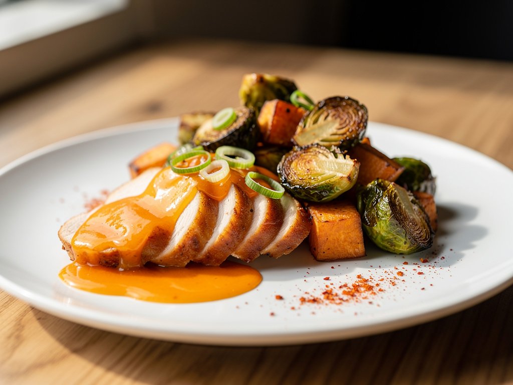 Orange-Glazed Chicken with Roasted Brussels Sprouts and Sweet Potatoes