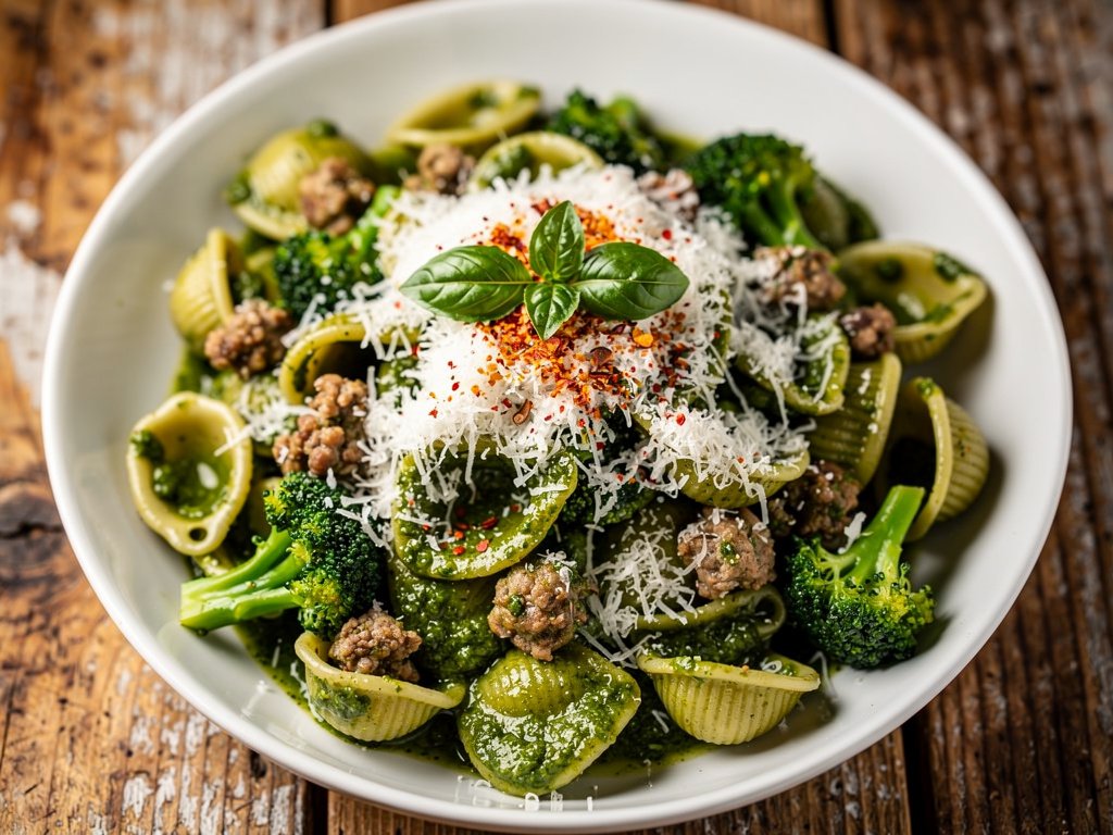 Orecchiette with Broccoli and Sausage in Pesto Cream