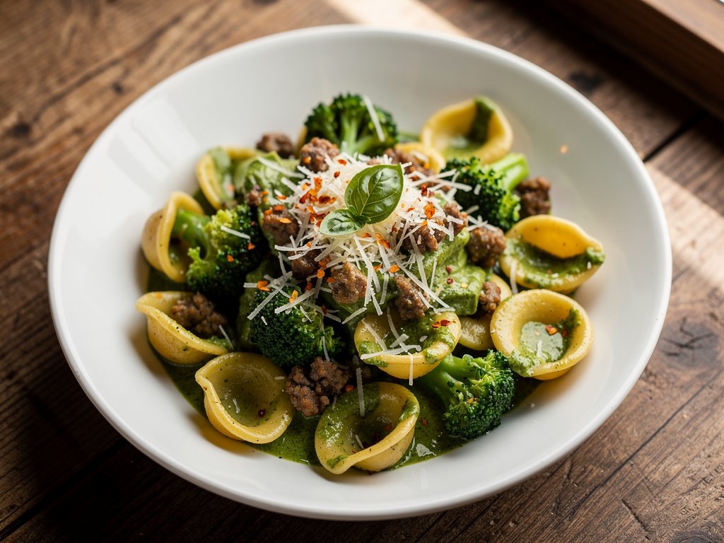 Orecchiette with Broccoli and Sausage in Pesto Cream