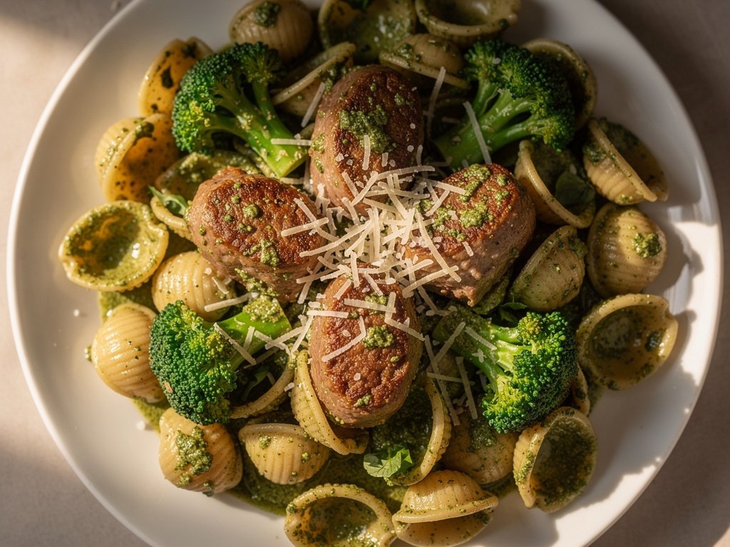 Orecchiette with Italian Sausage, Broccoli, and Basil Pesto