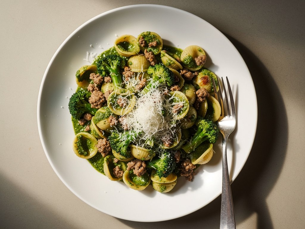 Orecchiette with Italian Sausage, Broccoli, and Pesto