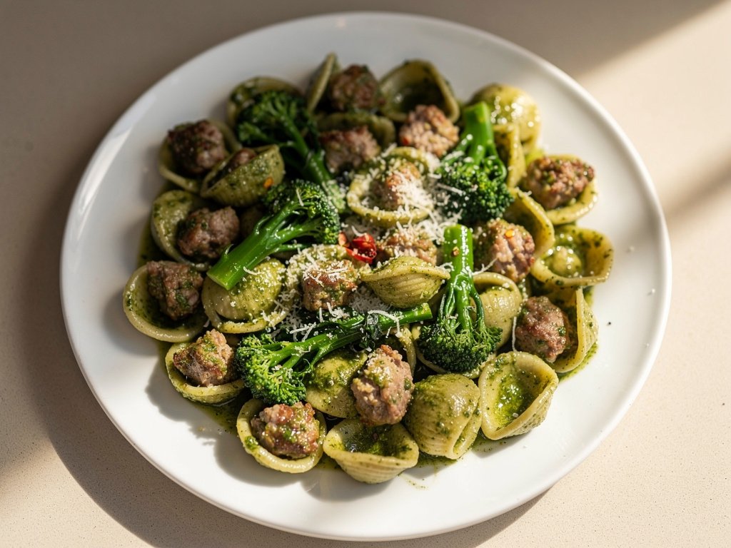 Orecchiette with Sausage, Broccolini, and Basil Pesto