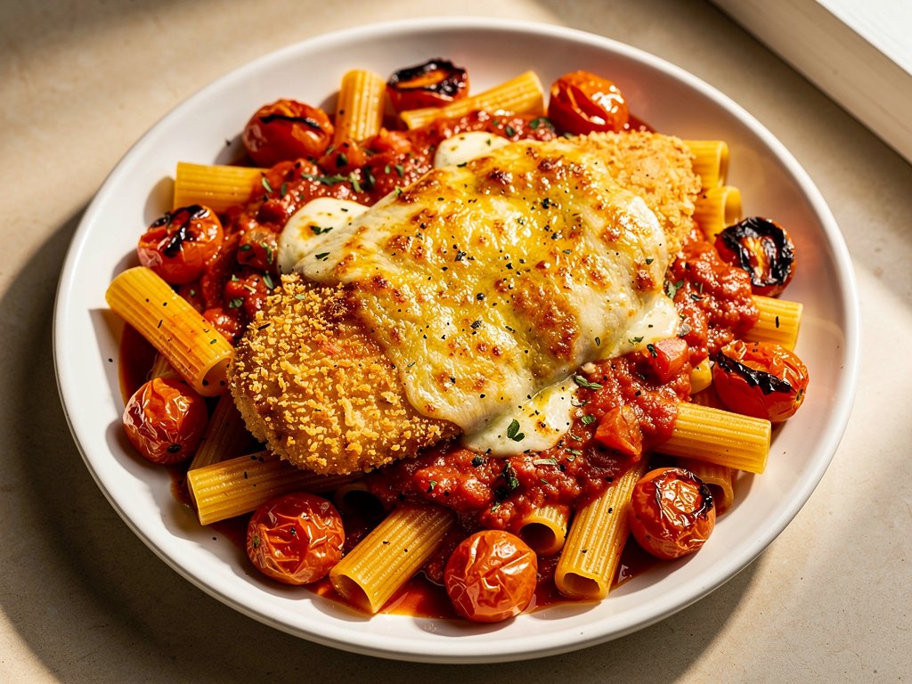 Oven-Baked Chicken Parmesan with Homemade Marinara and Rigatoni