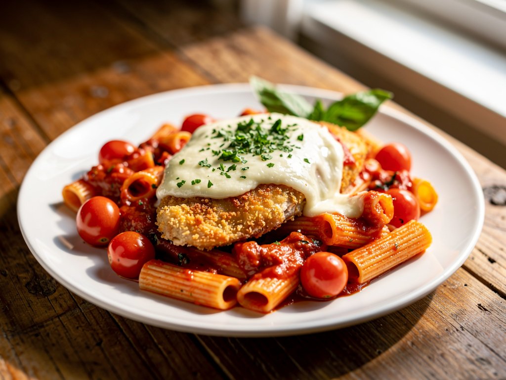 Oven-Baked Chicken Parmesan with Homemade Marinara and Rigatoni