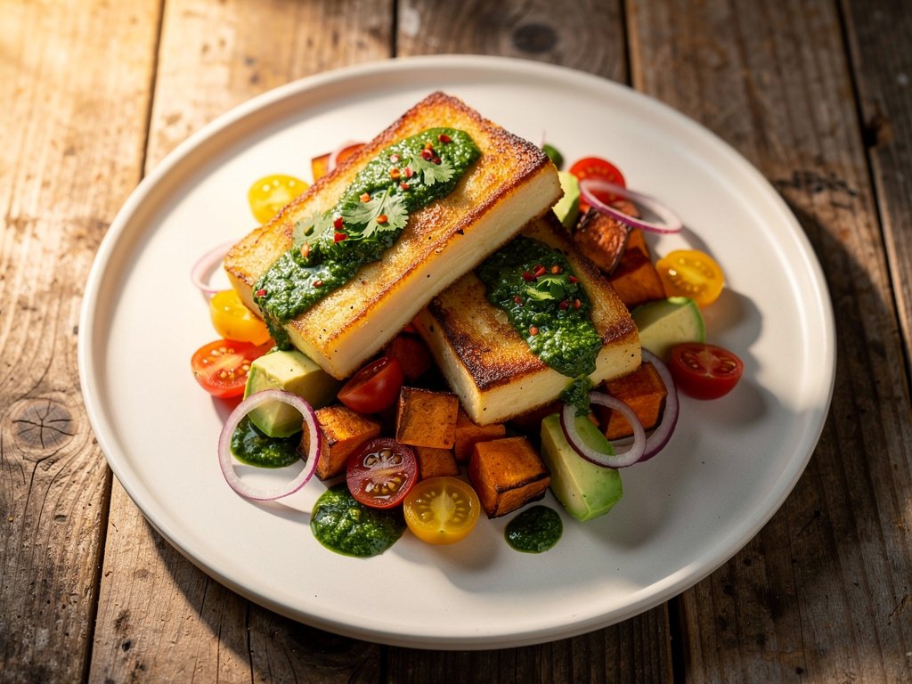 Pan-Fried Grilling Cheese with Veggie Jumble and Cilantro Chimichurri