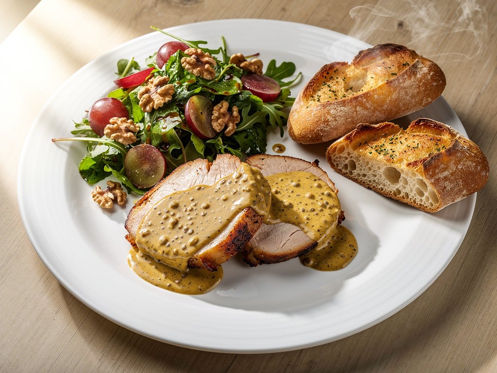 Pan-Roasted Chicken with Dijon Sauce, Balsamic Grape Salad & Garlic Bread