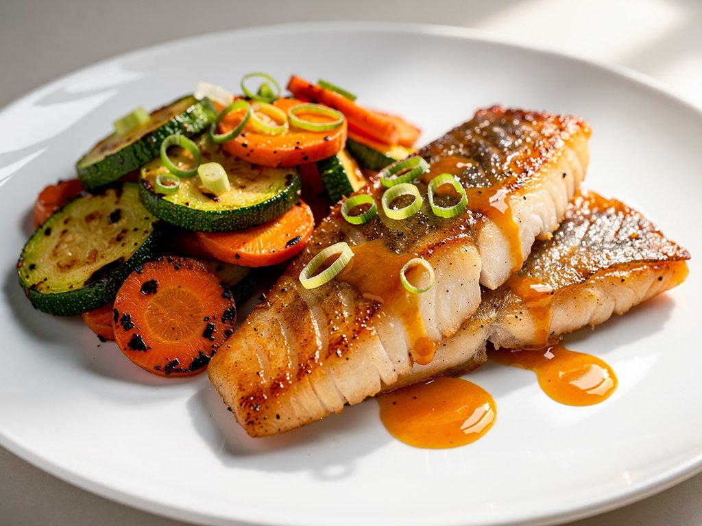 Pan-Seared Barramundi with Apricot Miso Glaze and Garlic Veggie Stir-Fry