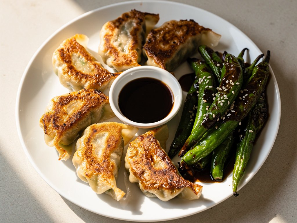 Pan-Seared Beef Gyozas with Spicy Soy-Glazed Green Beans
