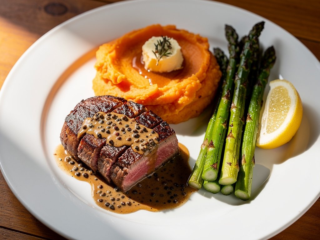 Pan-Seared Beef Tenderloin with Creamy Peppercorn Sauce, Maple-Sage Sweet Potatoes, and Lemony Asparagus