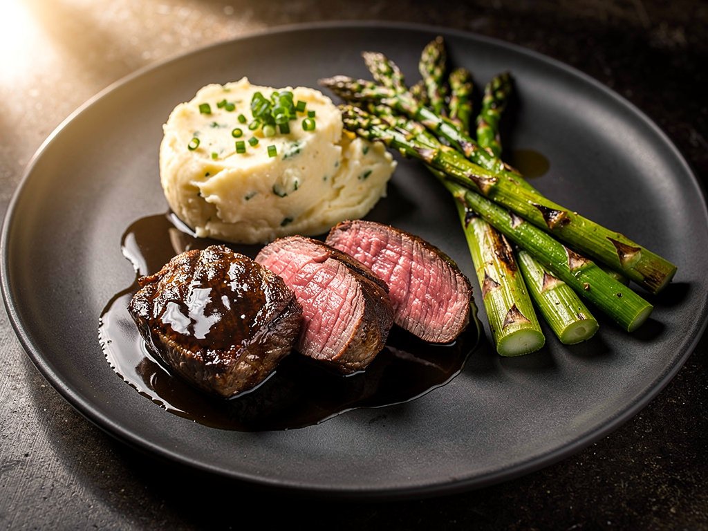 Pan-Seared Beef Tenderloin with Balsamic Sauce, Chive Mashed Potatoes & Roasted Asparagus