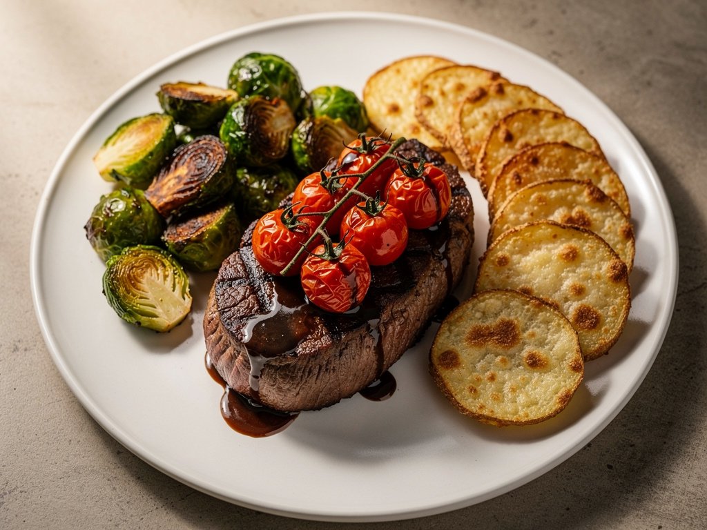 Pan-Seared Beef Tenderloin with Balsamic Burst Tomatoes and Cheesy Potato Rounds
