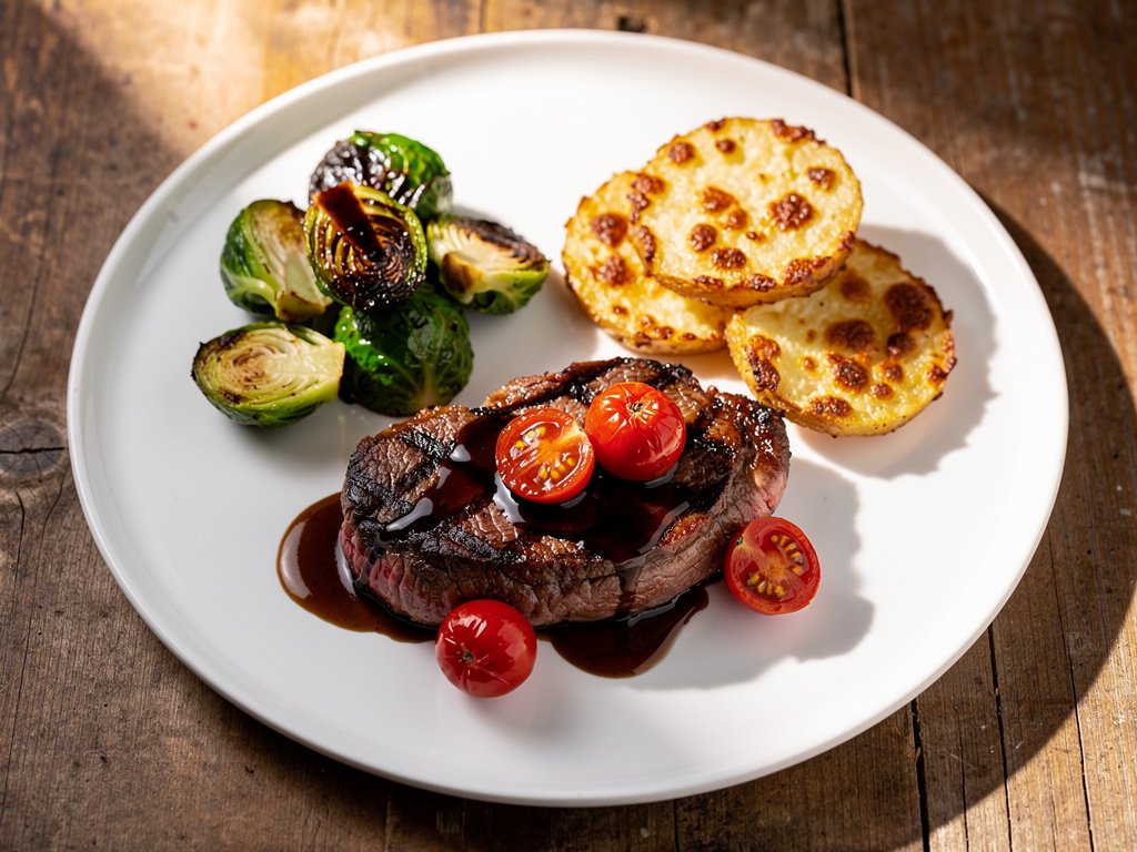 Pan-Seared Beef Tenderloin with Balsamic Tomatoes, Cheesy Potato Rounds, and Roasted Brussels Sprouts