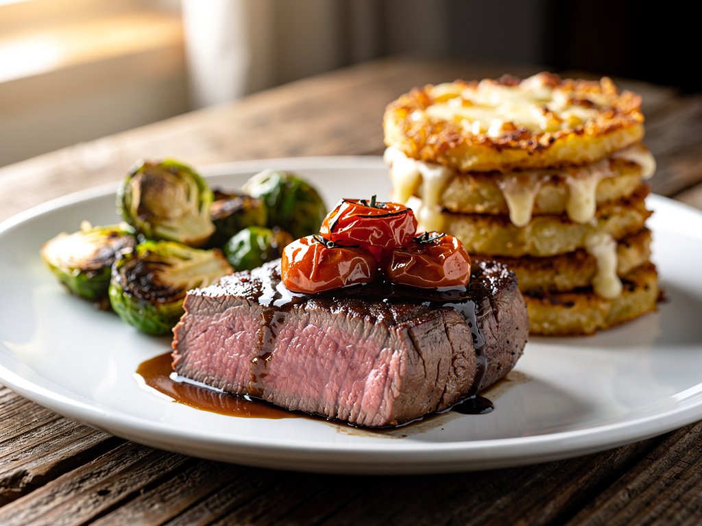 Pan-Seared Beef Tenderloin with Balsamic Tomatoes, Cheesy Potato Rounds, and Roasted Brussels Sprouts