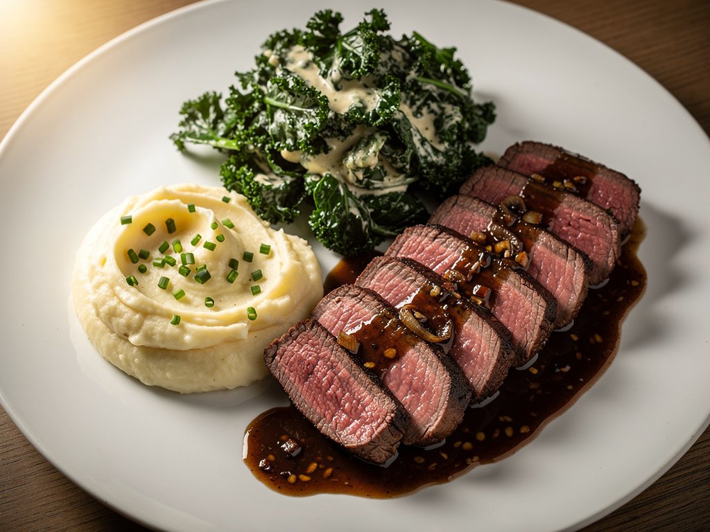 Pan-Seared Beef Tenderloin with Shallot Sauce, Garlic-Herb Creamed Kale, and Chive Mashed Potatoes