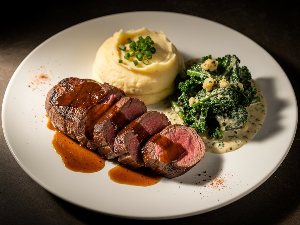 Pan-Seared Beef Tenderloin with Shallot Sauce, Creamed Kale & Mashed Potatoes