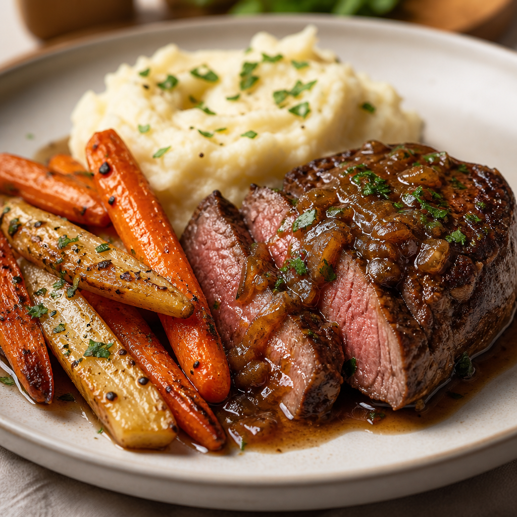 Pan-Seared Beef Tenderloin with Shallot Sauce, Parmesan Mash and Brown Butter Roots