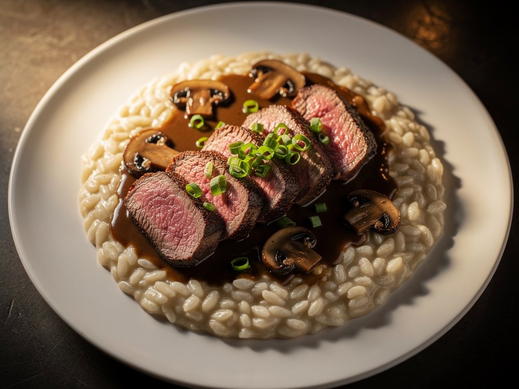 Pan-Seared Beef Tenderloin with Creamy Truffle Risotto and Mushroom Sauce