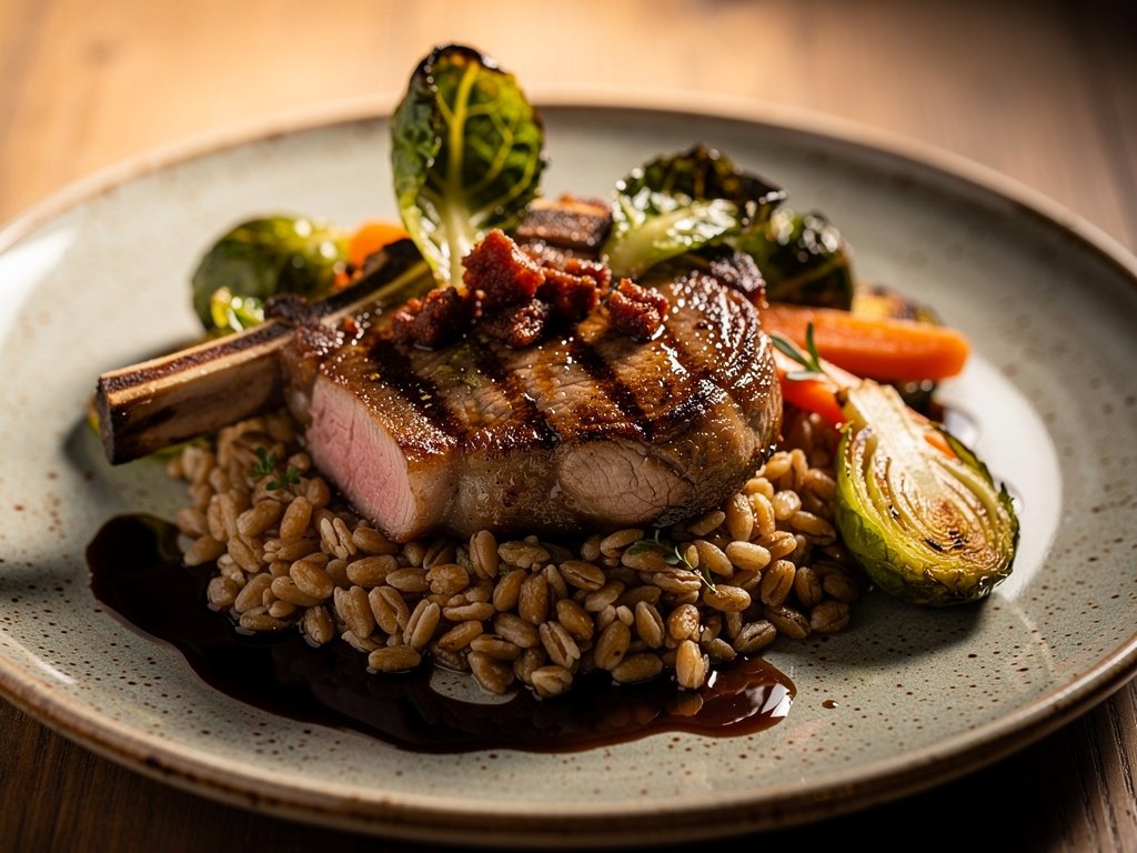 Pan-Seared Bone-In Pork Chops with Farro and Chorizo Brussels Sprouts