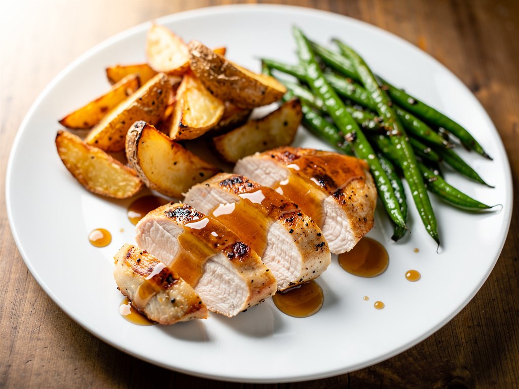 Pan-Seared Chicken with Apricot Balsamic Glaze, Potato Wedges, and Green Beans