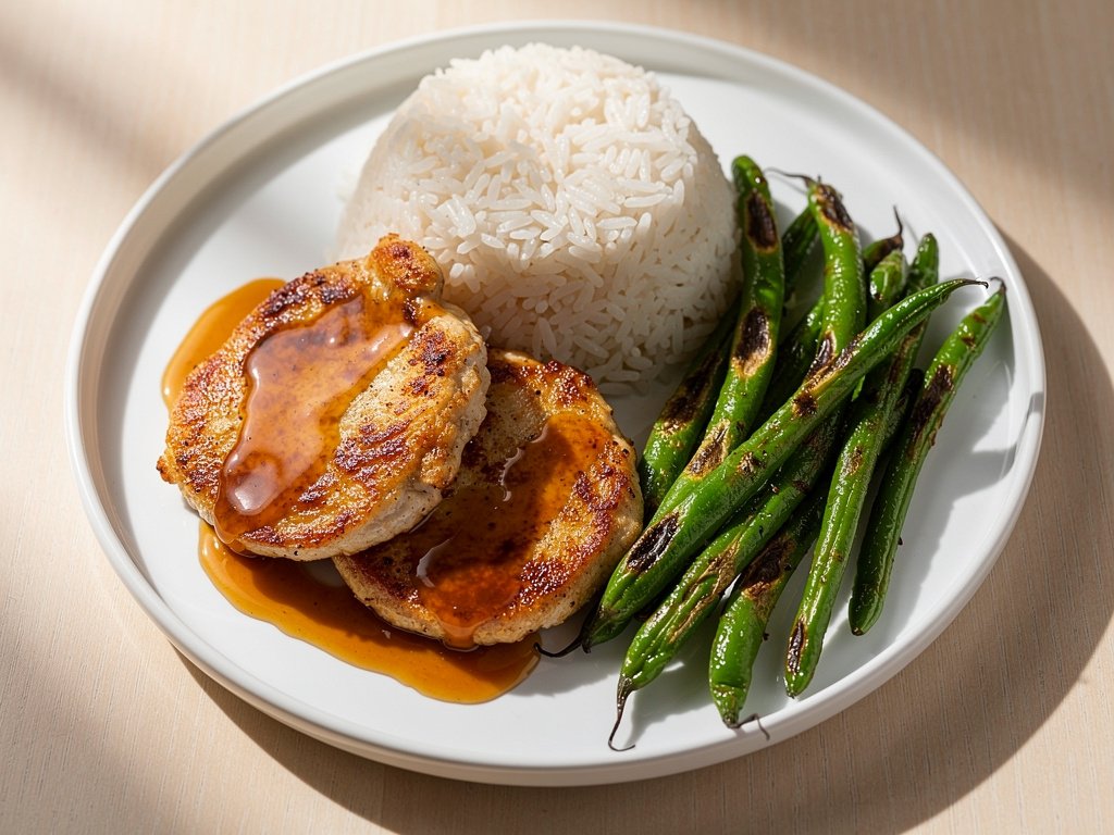 Pan-Seared Chicken with Apricot Ginger Glaze, Green Beans, and Jasmine Rice