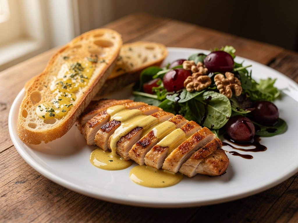 Pan-Seared Chicken with Dijon Sauce, Balsamic Grape Salad & Garlic Bread